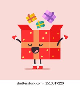 Cute Christmas gift box vector cartoon character isolated on background.