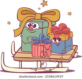 Cute christmas gift boxes characters on sled