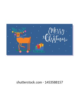 Cute Christmas gift card with animals. Invitation for  Merry Christmas. merry and bright, warm wishes, magic moments. Easy editable template. Vector.