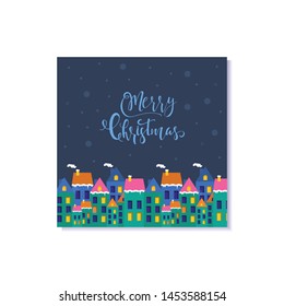 Cute Christmas gift card with houses . Invitation for  Merry Christmas. merry and bright, warm wishes, magic moments. Easy editable template. Vector.