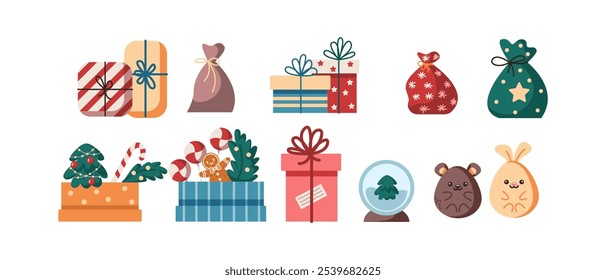 Cute Christmas gift icons flat color vector objects set. Collection of presents and toys for kids illustrations bundle on white background