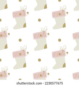 Cute Christmas gift socks. Winter festival seamless pattern. 