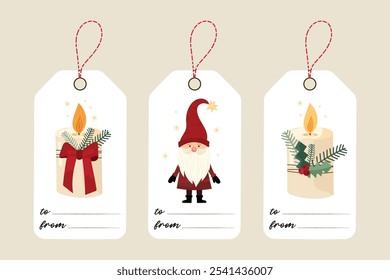 Cute Christmas gift tags set with funny Santa gnome and burning Christmas candles. Winter gift accessories in vector holiday spirit style. For gift ideas, stickers, festive embellishments.