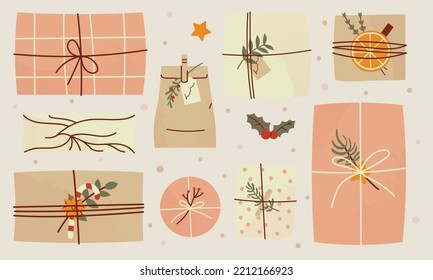 Cute Christmas gifts in kraft paper clipart. Flat Vector Illustration of wrappings and presents isolated on white background.