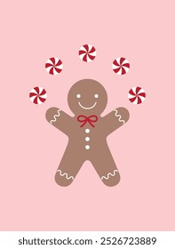 Cute christmas ginger man and lollipops vector illustration.