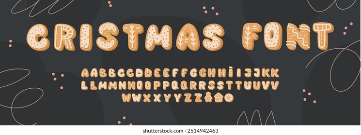 Cute Christmas Gingerbread Alphabet with Cookie style Letters. Tradition Holiday Biscuit Font for greeting cards, banners, invitations, planners, and festive design