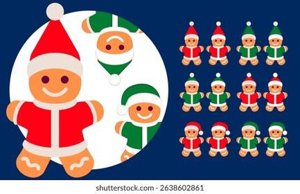 Cute Christmas gingerbread characters dressed as Santa and elves