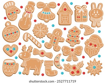 Cute Christmas gingerbread cookies of different shapes big set in flat style on white background, illustration for new year sweets food