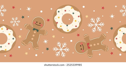 Cute Christmas with Gingerbread Cookies line. Christmas holiday pattern. Christmas winter holiday design.