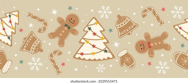 Cute Christmas with Gingerbread Cookies line. Merry christmas greeting card. Christmas winter holiday design.