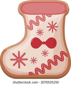 Cute Christmas gingerbread decorated with icing, a New Year s gingerbread in the shape of a boot. Festive pastries decorated with icing. Christmas cookies in the shape of a sock. Isolated vector