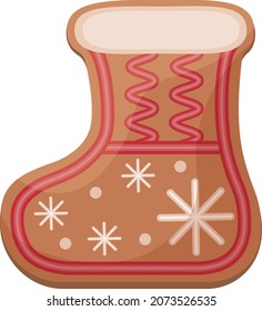 Cute Christmas gingerbread decorated with icing, a New Year s gingerbread in the shape of a boot. Festive pastries decorated with icing. Christmas cookies in the shape of a sock. Isolated vector