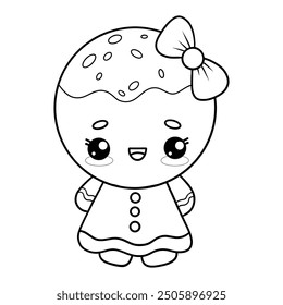 Cute Christmas gingerbread girl in dress with bow. Outline holiday cookie kawaii cartoon character. Line drawing, coloring book. Vector illustration. Kids collection