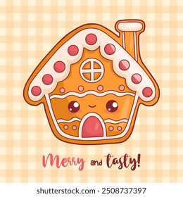 Cute Christmas gingerbread house. Festive New Year greeting card with traditional pastry kawaii cartoon character food and funny slogan. Vector illustration