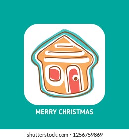 Cute Christmas gingerbread house isolated on white background. Doodle style. Design element for greeting card, leaflet, poster, magnet or sticker. Holiday symbol.