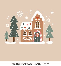 Cute Christmas gingerbread house and snowy pine trees. Hand drawn Scandinavian Christmas vector clipart. Perfect for tee shirt logo, greeting card, poster or nursery print design. EPS10 vector file.