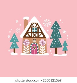 Cute Christmas gingerbread house and snowy pine trees. Hand drawn Scandinavian Christmas vector clipart. Perfect for tee shirt logo, greeting card, poster or nursery print design. EPS10 vector file.