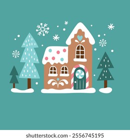 Cute Christmas gingerbread house and snowy pine trees. Hand drawn Scandinavian Christmas vector clipart. Perfect for tee shirt logo, greeting card, poster or nursery print design. EPS10 vector file.