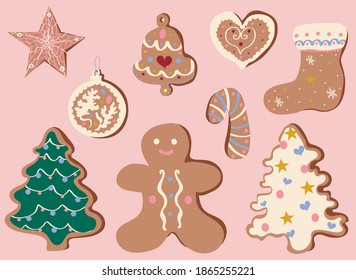 Cute Christmas gingerbread houses cookies vector illustration set. Winter holidays, sweet, for kids, festive, Christmas treats, cookies, new year, Christmas market, greeting card