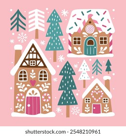 Cute Christmas gingerbread houses and snowy pine trees. Hand drawn Scandinavian Christmas vector clipart. Perfect for tee shirt logo, greeting card, poster or nursery print design. EPS10 vector file.