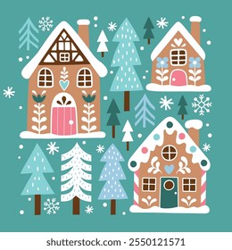 Cute Christmas gingerbread houses and snowy pine trees. Hand drawn Scandinavian Christmas vector clipart. Perfect for tee shirt logo, greeting card, poster or nursery print design. EPS10 vector file.