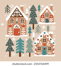 Cute Christmas gingerbread houses and snowy pine trees. Hand drawn Scandinavian Christmas vector clipart. Perfect for tee shirt logo, greeting card, poster or nursery print design. EPS10 vector file.