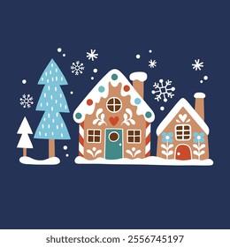 Cute Christmas gingerbread houses and snowy pine trees. Hand drawn Scandinavian Christmas vector clipart. Perfect for tee shirt logo, greeting card, poster or nursery print design. EPS10 vector file.