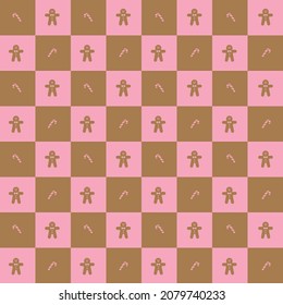 Cute Christmas Gingerbread man Candy Cane Element Pink Brown Beige Check Checked Checkered Gingham Pattern Editable Stroke. Cartoon Illustration, Mat, Fabric, Textile, Scarf, Wrapping Paper. 