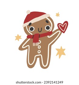 Cute Christmas gingerbread man with a cap and a Santa Claus scarf. Gingerbread man holding a heart. Vector Christmas illustration, Happy New Year.