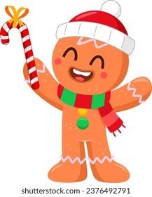 Cute Christmas Gingerbread Man Cartoon Character Holding Up A Candy Cane. Vector Illustration Flat Design Isolated On Transparent Background