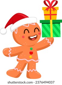 Cute Christmas Gingerbread Man Cartoon Character Holding Up Gift Boxes. Vector Illustration Flat Design Isolated On Transparent Background