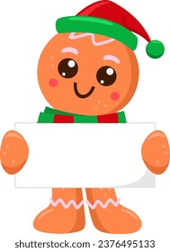 Cute Christmas Gingerbread Man Cartoon Character Holding A Blank Sign. Vector Illustration Flat Design Isolated On Transparent Background