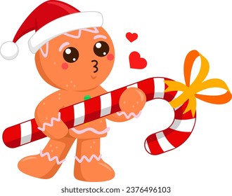 Cute Christmas Gingerbread Man Cartoon Character Sends Kisses And Holding Big Candy Cane. Vector Illustration Flat Design Isolated On Transparent Background