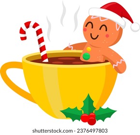 Cute Christmas Gingerbread Man Cartoon Character In A Cup Of Hot Chocolate. Vector Illustration Flat Design Isolated On Transparent Background