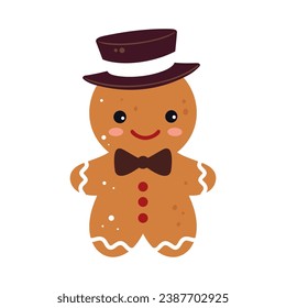 Cute Christmas gingerbread man cookie in hat. Xmas Decoration in cartoon style. Winter holiday element. Vector illustration.