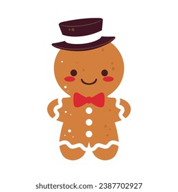 Cute Christmas gingerbread man cookie in hat. Xmas Decoration in cartoon style. Winter holiday element. Vector illustration.