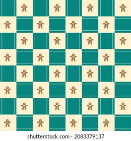 Cute Christmas Gingerbread Man Element Green Beige Ivory Line Check Checked Checkered Gingham Pattern Editable Stroke. Cartoon Illustration, Mat, Fabric, Textile, Scarf, Wrapping Paper. 