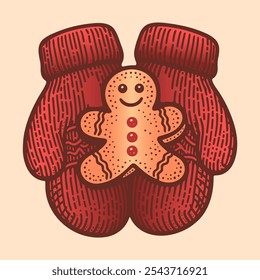 cute Christmas gingerbread man, hands wearing red winter mittens and holding a cookie illustration