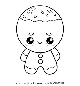 Cute Christmas gingerbread man. Outline holiday cookie kawaii character. Line drawing, coloring book. Vector illustration. Kids collection