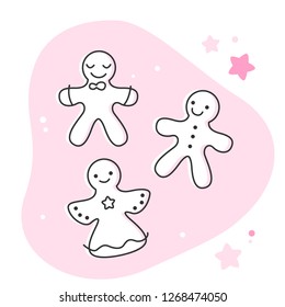 Cute Christmas gingerbread mans and angel cookies. Simple little funny characters with smiles and stars on pink bubble background. Sweet festive traditional desert. Flat cartoon happy holiday biscuits