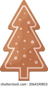 Cute Christmas gingerbread. New Year's gingerbread in the shape of a Christmas tree. Festive pastries. . Vector illustration isolated on a white background