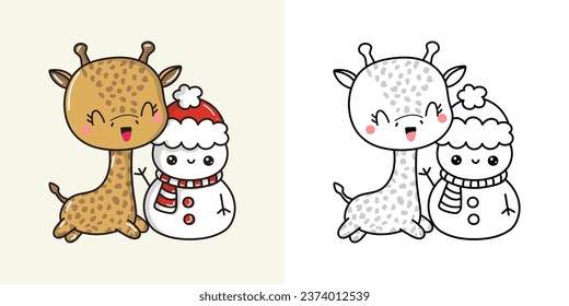 Cute Christmas Giraffe Clipart Illustration and Black and White. Funny Clip Art Christmas African Animal. Cute Vector Illustration of a Kawaii Animal for Christmas Stickers. 