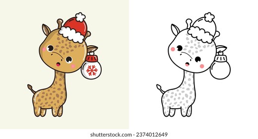 Cute Christmas Giraffe Clipart Illustration and Black and White. Funny Clip Art Christmas African Animal. Cute Vector Illustration of a Kawaii Animal for Christmas Stickers. 