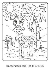Cute Christmas giraffe in the desert. Palm tree and cactus with Christmas decoration. Coloring book for children. Vector illustration.