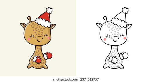 Cute Christmas Giraffe Illustration and For Coloring Page. Cartoon Stickers New Year African Animal. Beautiful Vector Illustration of Kawaii Animal for Xmas Stickers. 