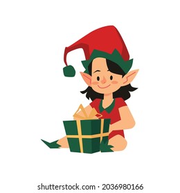 Cute christmas girl elf helper santa claus sit on floor with holiday present. Adorable magical character for design of xmas and new year cards. Flat cartoon vector illustration.