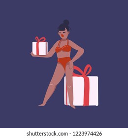 Cute Christmas girl with gift. Vector cartoon