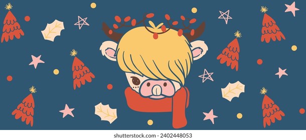 Cute Christmas Glass Can Wrap baby highland cow Pattern layered printable for 16 oz Libbey isolated on blue background.