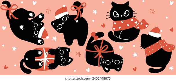 Cute Christmas Glass Can Wrap funny Balck cats Pattern layered printable for 16 oz Libbey isolated on background.