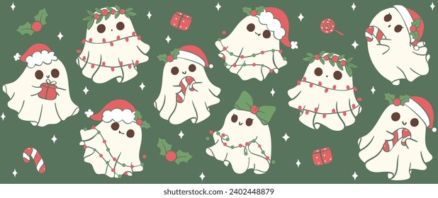 Cute Christmas Glass Can Wrap kawaii Santa ghost Pattern layered printable for 16 oz Libbey isolated on background.